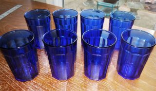 8 Vintage Luminarc Arcoroc Cobalt Blue 10 Panel Tumblers Glasses / France