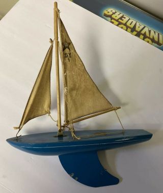 Vtg Star Yacht Sy2 Blue Wooden Pond Sail Boat Toy Birkenhead England Land Of Oz