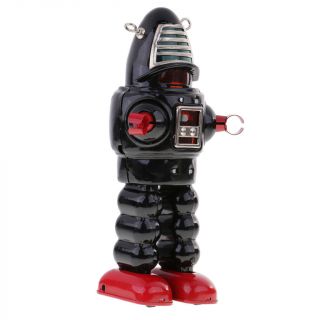 Retro Wind Up Clockwork Mechanical Walking Tin Mask Robot Toy Black