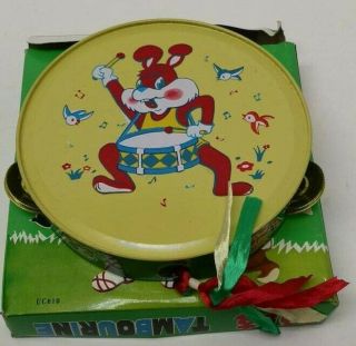 Vintage Tambourine Litho Tin Toy With Box,  Made In China