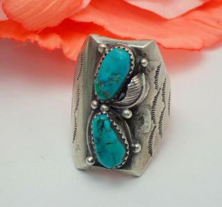 Vintage Navajo Turquoise Leaf Stamped Sterling Silver Size 11.  5 Ring Weighs 22 G