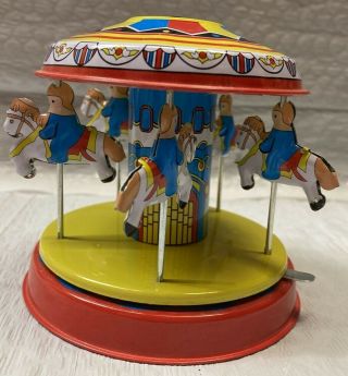 Vintage - Tin Push And Spin Carousel With Horses And Children