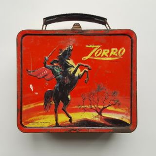 Vintage Walt Disney Zorro Red Sky Metal Lunch Box By Aladdin - Circa 1966