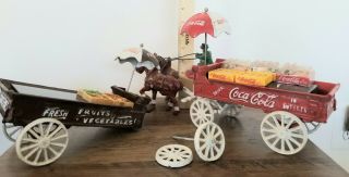 Cast Iron Coca Cola Wagon With Horses; Vegetable,  Groceries Wagon