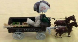Vintage Cast Iron 2 Horse Drawn Fruit And Vegetables Wagon 15 " Long Clydesdales