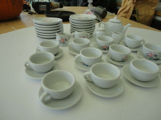 Vintage Porcelain Childs Tea Cup Set Of 12 Cups,  Saucers,  Plates,  A Sugar & Creame