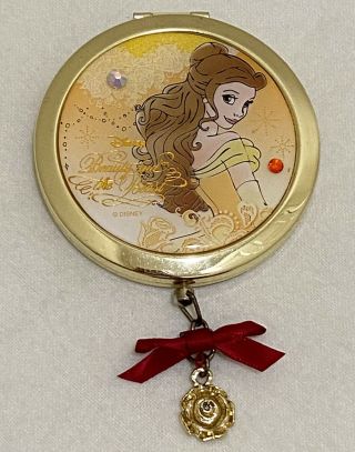 Disney Belle Beauty And The Beast Compact Mirror Gold W/ Rose Charm 2 Mirrors