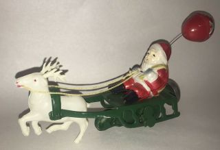 40s - 50s Vtg Tin & Celluloid Windup Santa Sleigh W Bell Merry Christmas