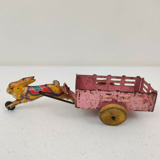 Vintage Tin Litho Toy Bunny Rabbit Pulling Cart Wood Wheels Easter