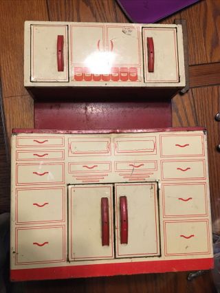 Vintage 1950s Wolverine Tin Litho Red & White Kitchen Cabinet Child Toy Playset