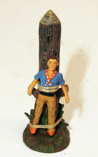 Elastolin Composition Indian Captive Cowboy Tied To Tree Trapper Vtg Toy Gemany