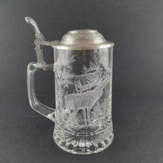 Vintage Domex Glass Tankard With Pewter Lid Etched Elk Stag Scene