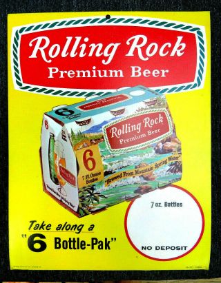 1973 Rolling Rock Premium Beer 6 7 Oz Bottle Pak 14x11 " Store Sign Latrobe Pa