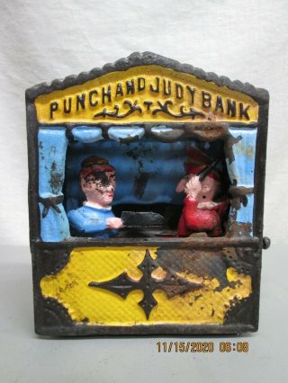 Vintage Heavy Cast Metal Mechanical Coin Bank Punch & Judy Bank 7.  5 " X 6 "