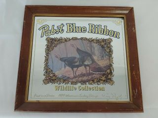 Vintage 1989 Pabst Blue Ribbon Beer Wisconsin Turkey Stamp Wildlife Mirror.