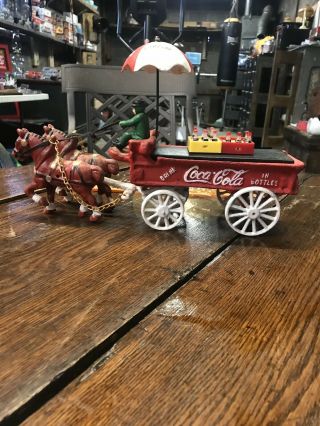 Vintage Cast Iron Coca Cola Horse Drawn Wagon W Umbrella