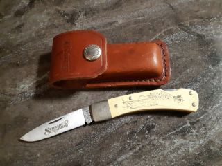 Vintage Schrade Usa 515sc Owl Scrimshaw Folding Knife Leather Sheath