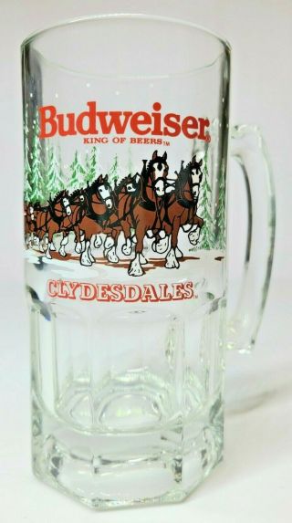 Vintage Budweiser Clydesdale Glass Beer Stein Holiday Winter Collectible 1992