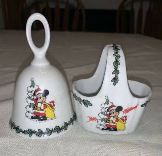 Vintage Disneyland Disney World Merry Christmas Mickey Ceramic Bell & Basket