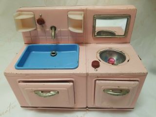 Vintage Japan 1950 1960 Little Pink Tin Litho Old Doll Sink Stove Combination