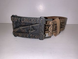Vintage Davy Crockett Frontier Scout Belt Buckle Leather Belt Davey Kids Child ' s 2