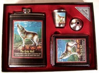 Cigarette Case Flask And Shot Glass Set With Wolf Drink Gift Set