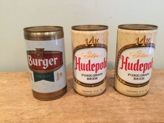 2 Hudepohl Pure Grain Beer Cans & 1 Burger Beer Can 12 Oz.  Flat Top Steel