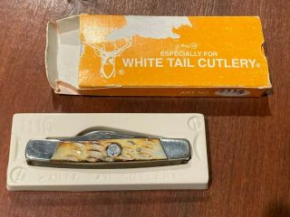 Vintage White Tail Cutlery Bone Pocket Knife - 3 Blades - Stainless