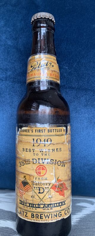 1949 Blatz Beer Bottle Label 35th Division 129th Field Artillery Wwi