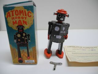 1997 Schylling Black Atomic Robot Man 5 " Wind - Up Tin Toy,  Box,  Key,  Certificate