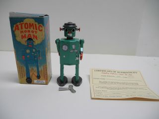 1997 Schylling Green Atomic Robot Man 5 " Wind - Up Tin Toy,  Box,  Key Certificate