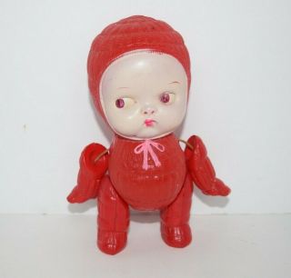 Vintage Celluloid Snow Baby Red Snowsuit Kewpie Side Glancing Strung Japan 5.  5 "