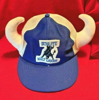 Classic Blue Schlitz Malt Liquor Truckers Hat With Bull Horns Embroidered Patch