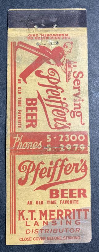 Early Pfeiffer’s Beer Matchbook Cover Lansing Detroit Michigan