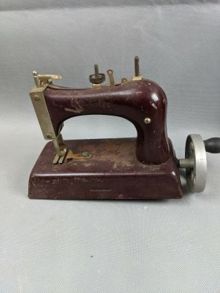 Artcraft Junior Miss Vintage Toy Sewing Machine Metal Hand Crank Burgundy Brown
