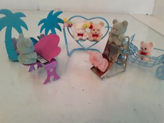 Russ Berrie 1980s Mini Fuzzy Bears On Swing Go - Kart Stroller Slide Toys Ornament