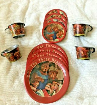 Goldilocks & The Three Bears Tin Litho Play Toy Tea Dinner Set Plates Cups - Ff