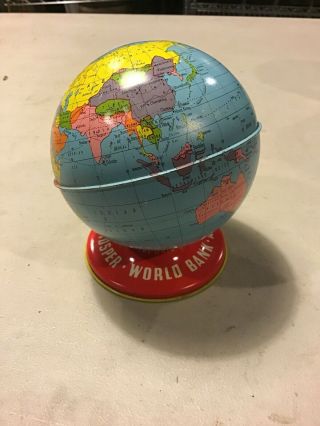 Vintage 1950s Ohio Art Co.  Tin Litho World Globe Coin Bank Toy