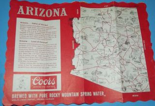 Arizona Coors Beer Paper Placemat Map Vintage Advertising Print Red White