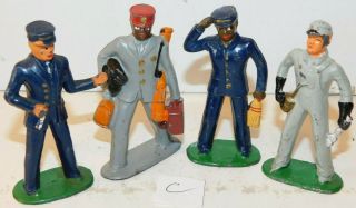 Old 1930s Barclay Lead Dimestore Figures,  4 Train Station Workers,  Red Caps,  C