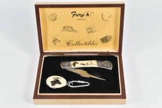 Vintage Fury Buck Deer Folding Pocket Knife Key Chain Combo Gift Set Wood Box