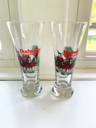 Vintage 1991 Budweiser Clydesdale Christmas Pilsner Beer Glasses 7  (set Of 2)