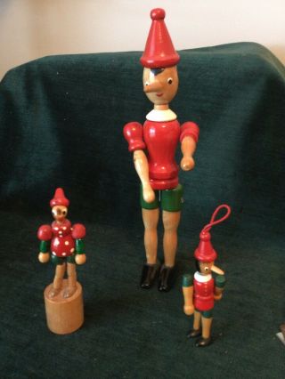4 Vintage Wooden Pinocchio Dolls 11,  10,  5,  4 Inches.  Puppet And Pushup