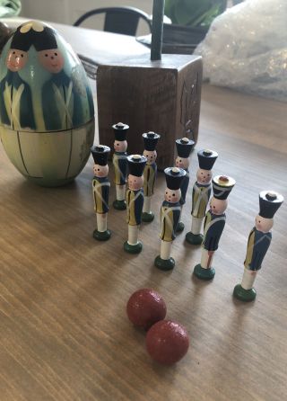 Vintage Antique Wooden Mini Skittles Bowling Game Polish Soldiers Egg Putz