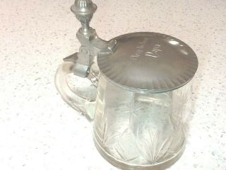 Vintage German Etched Glass Beer Mug With Pewter Lid