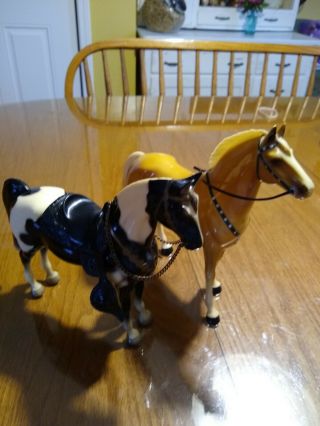 Vintage 2 Hard Plastic Toy Horses Black/white/ Saddle,  Palomino