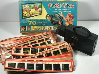 Vtg Fortuna Toy Projector W/ 37 Strips 3 Stooges Hanna Barbara Disney Repair Box