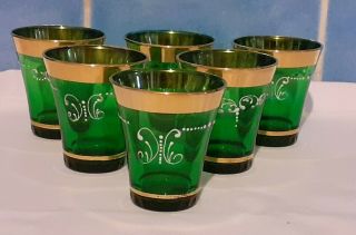 6 Vintage 1960s French Green & Gold Shot Liquor Glasses Retro