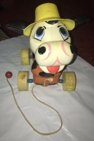 Vintage Modernist Cow Pull Toy With Wooden Wheels Brass Bell