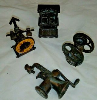 1970s Durham Co.  Cast Iron Toy Miniatures,  Furniture Cabinet,  Clock,  Meat Grinder,